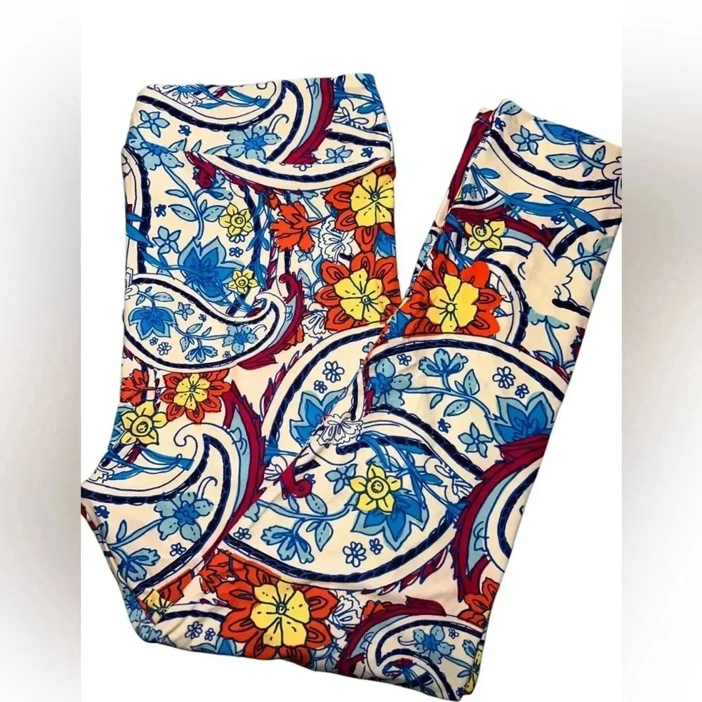 Lularoe TC2 paisley cream& blue leggings! Floral fun. OG quality & fit . New - Picture 2 of 6
